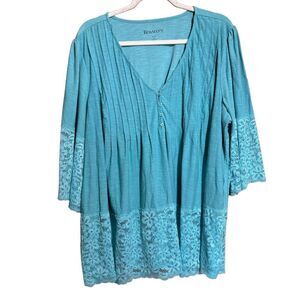 Roamans Top Womens 22 24 1X Blue Pintucked Lace Hem V Neck Stretch Blouse Ladies